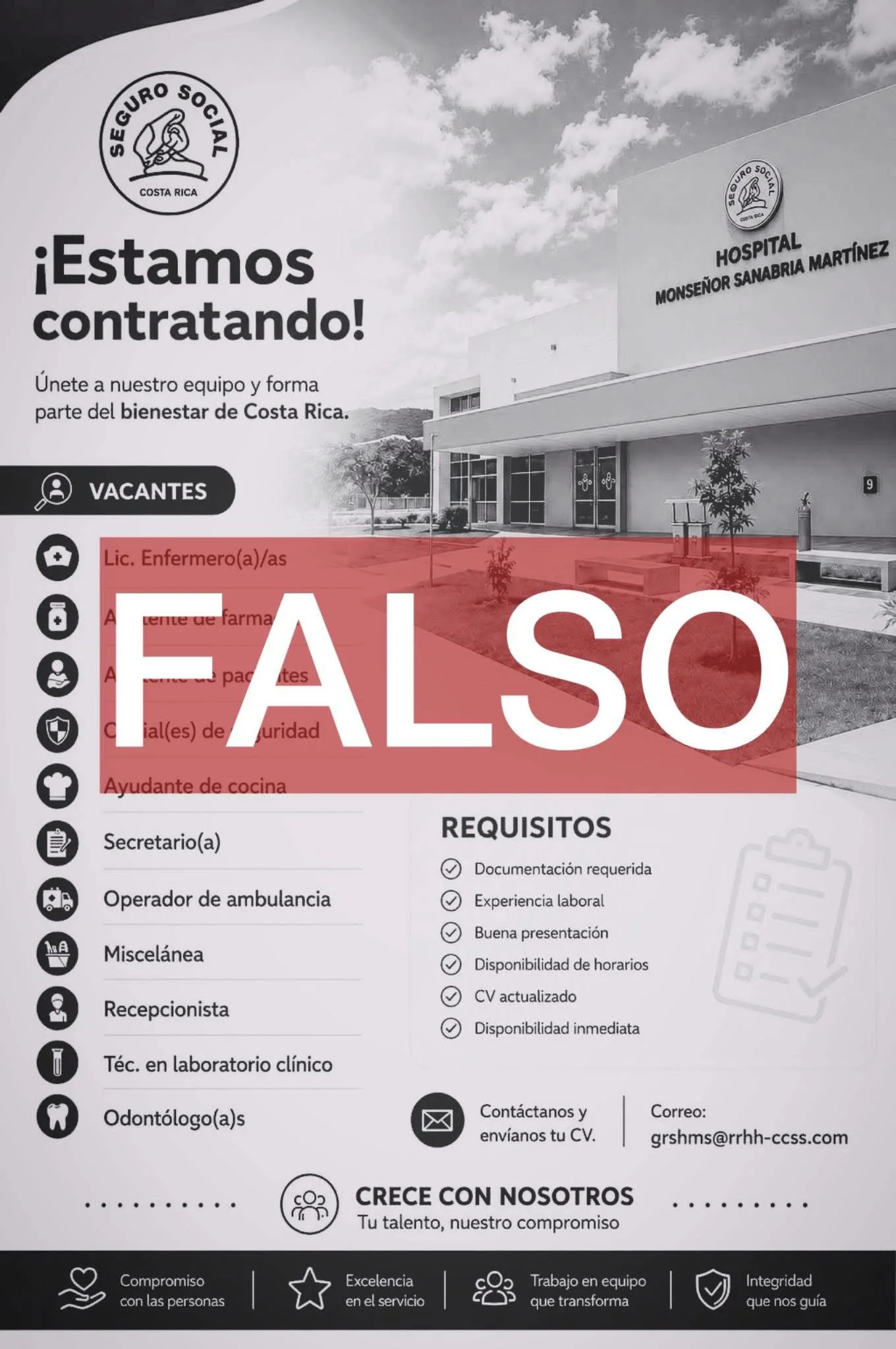 Publicación que desmiente el Hospital de Puntarenas